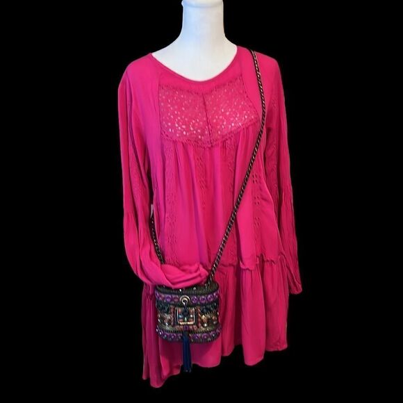NWT Adiva bright pink LS mini dress or tunic keyhole flowy flouncy ruffles lace - Picture 6 of 16